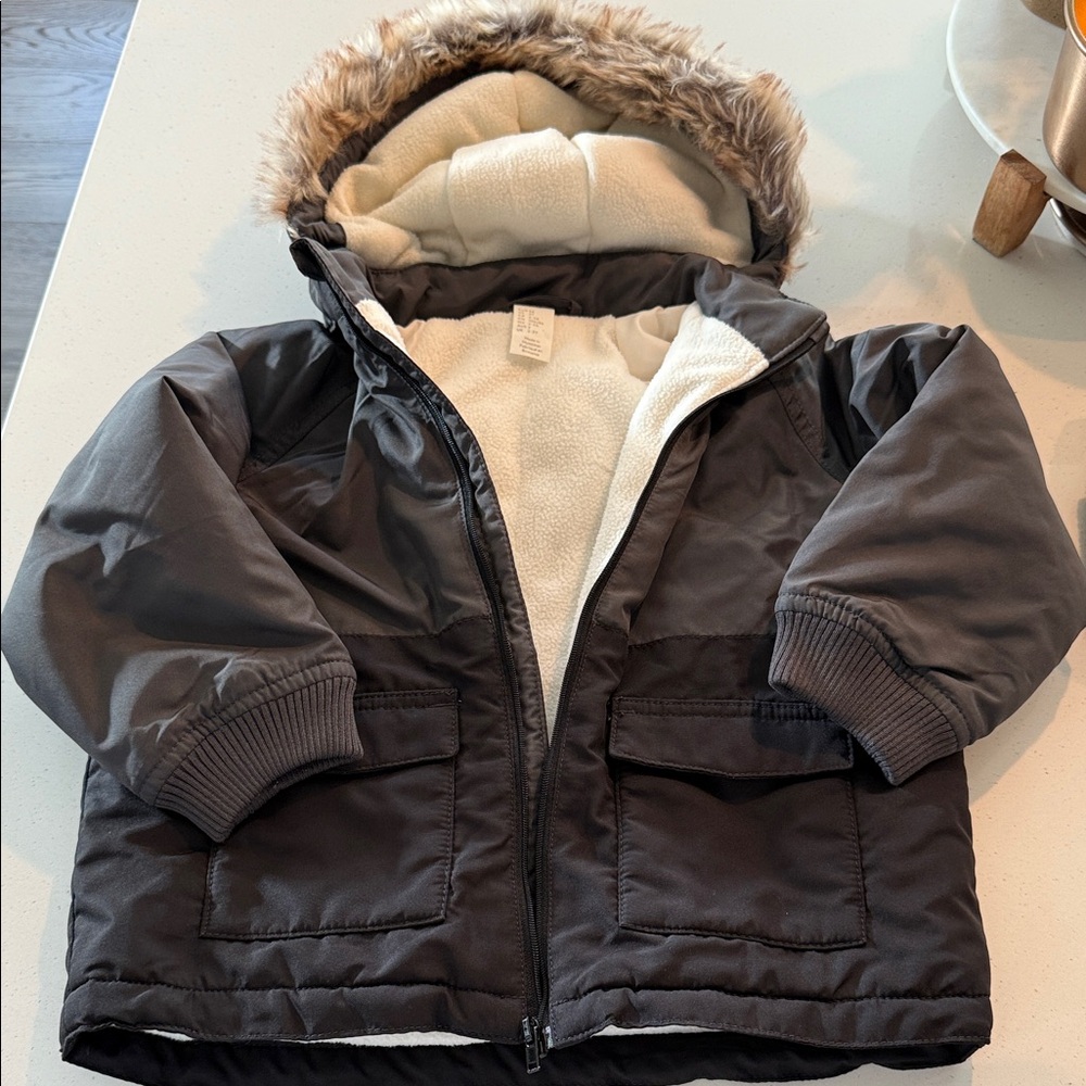 H&M Gray Hooded Jacket with Faux Fur Trim